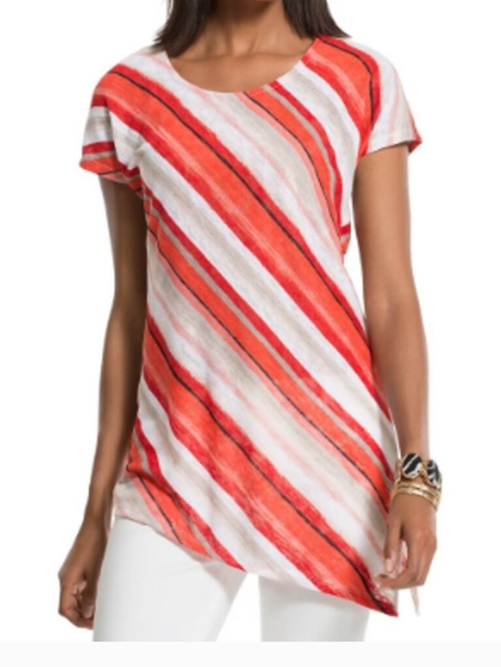 Chico's Red and White Diagonal Stripe asymmetrical Short Sleeve knit top XL